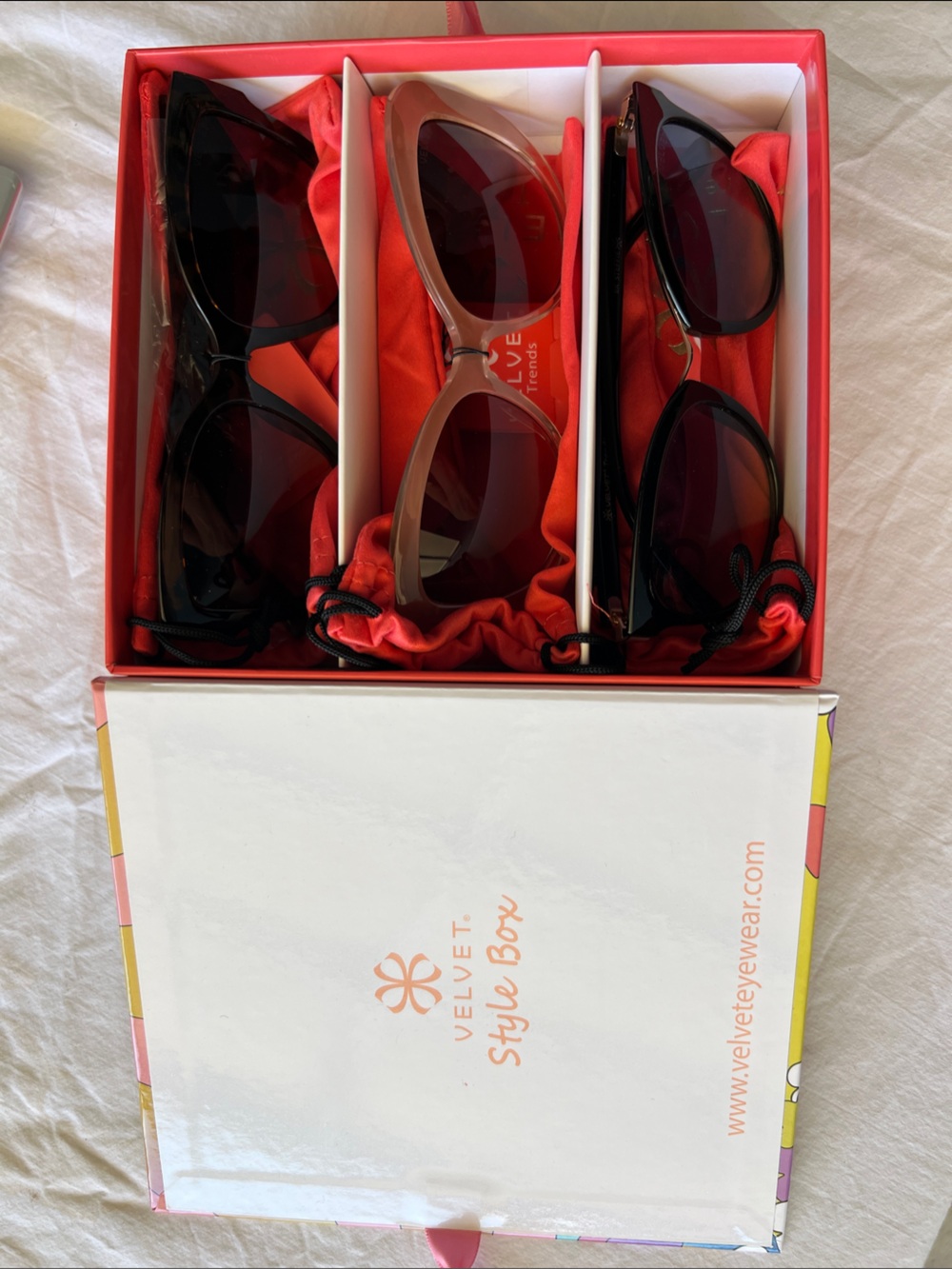 Velvet Sunglasses Trio in Black & Brown with Red Pouches
